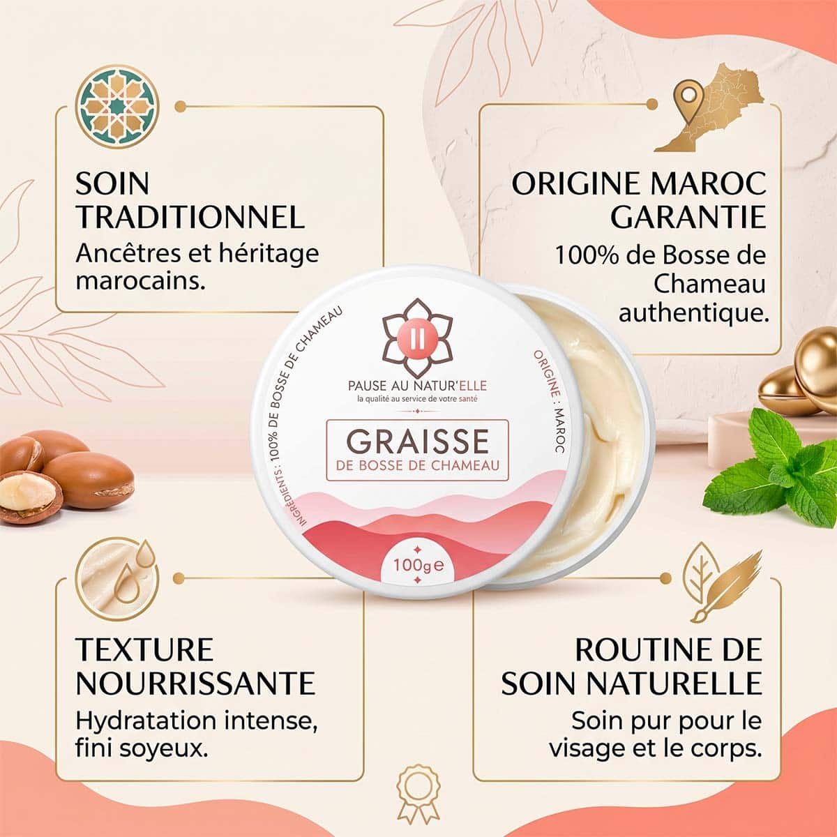 Graisse de bosse de chameau (Daroua marocaine) - Idéal pour massage - 100g bienfaits