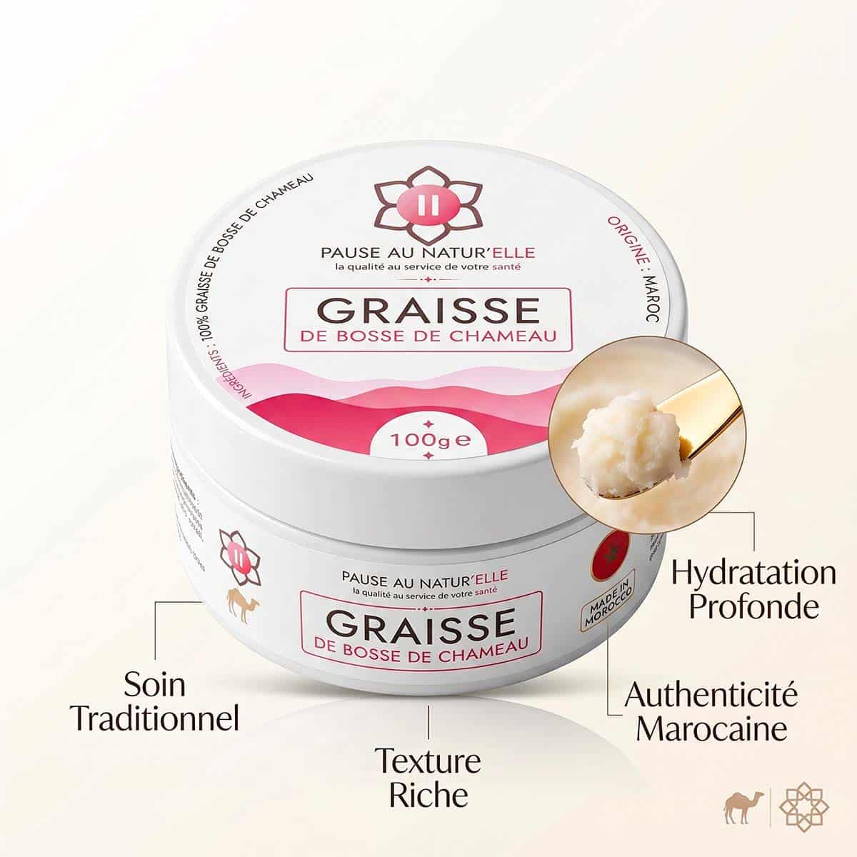 Graisse de bosse de chameau (Daroua marocaine) - Idéal pour massage - 100g caractéristiques