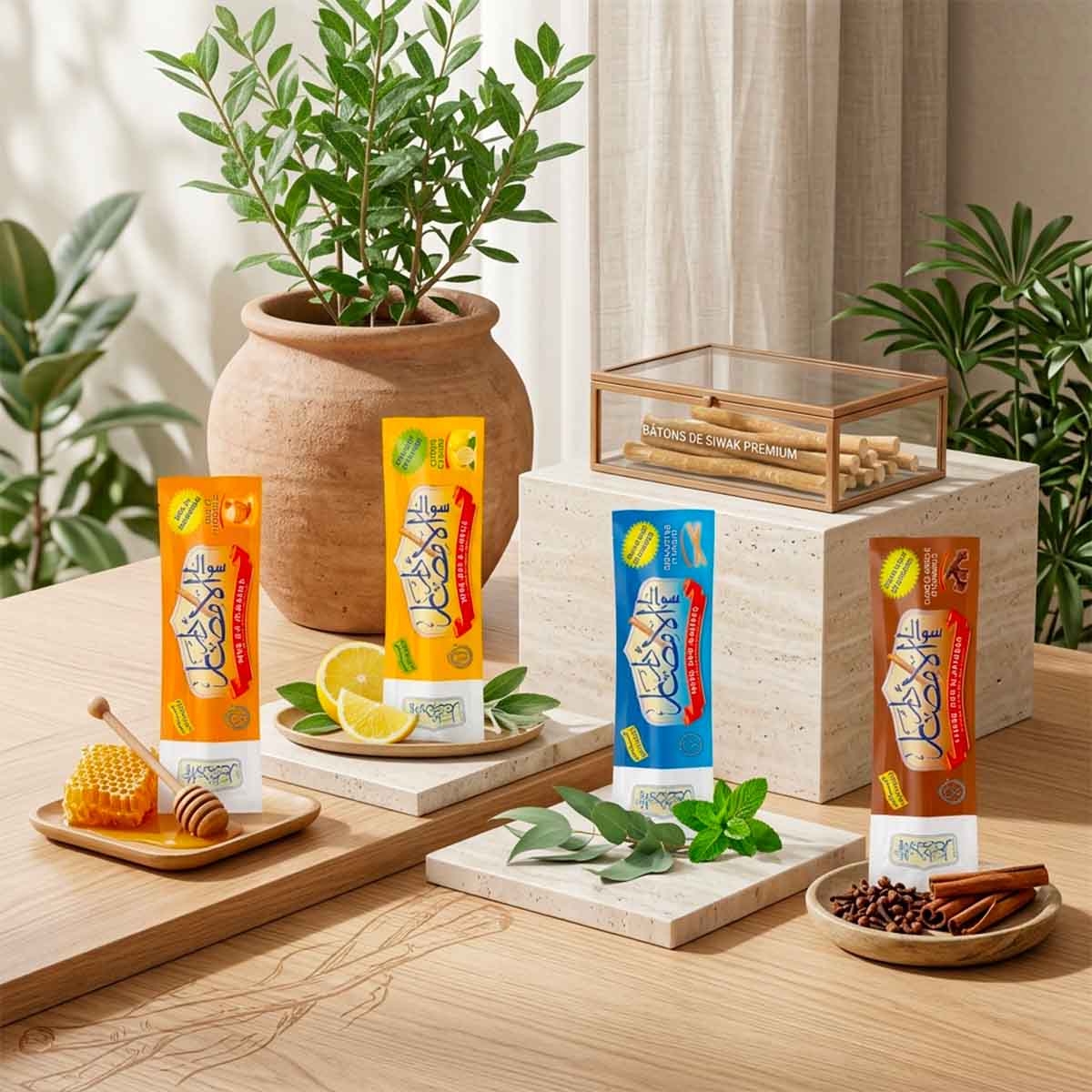 Pack Siwak 4 saveurs : Miel, citron, naturel et clou de girofle présentation