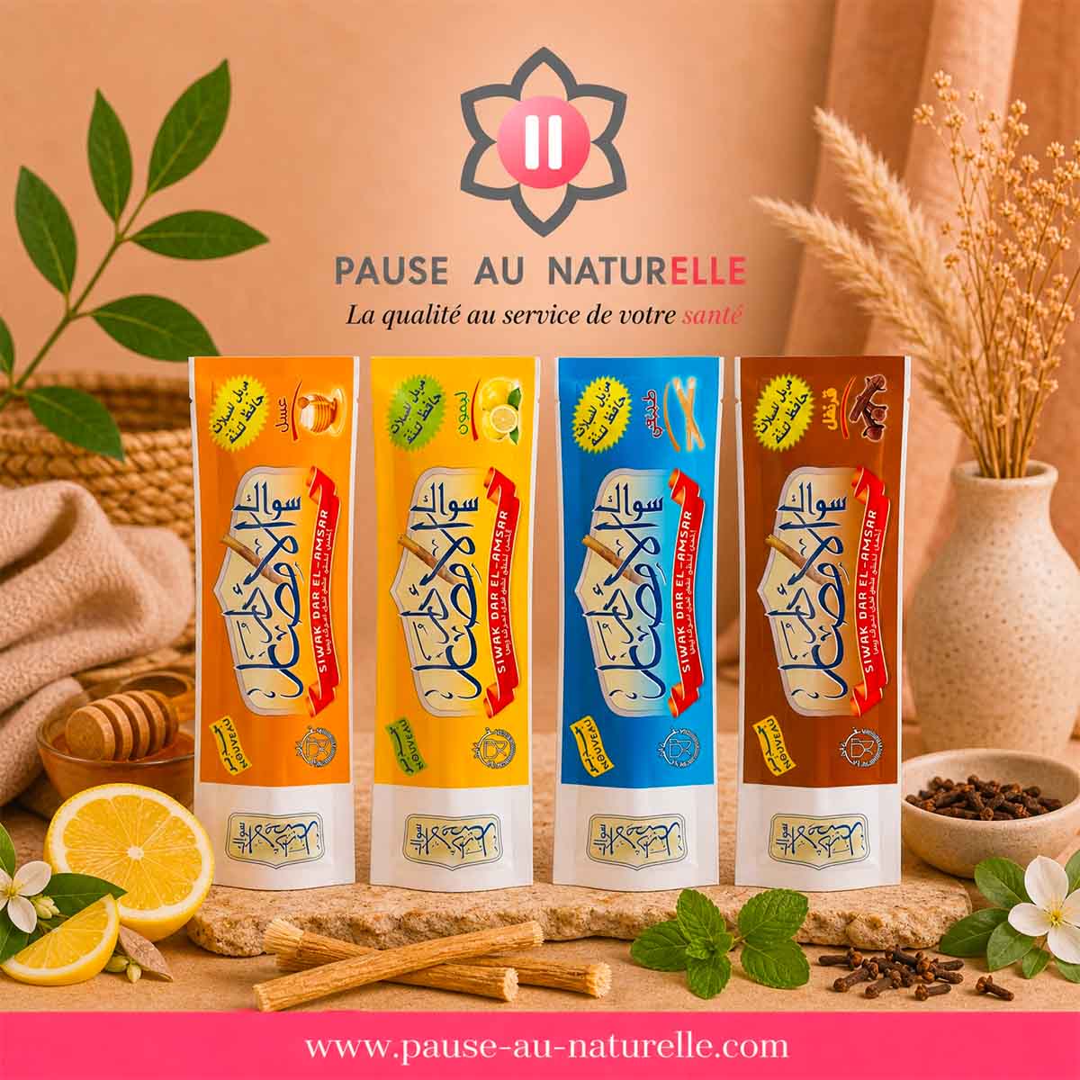 Pack Siwak 4 saveurs : Miel, citron, naturel et clou de girofle