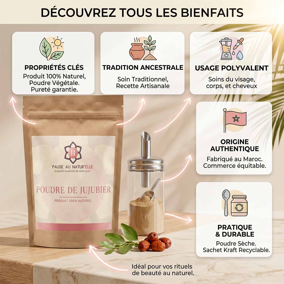 Poudre de jujubier marocaine naturelle - Sidr du Maroc en poudre - 50g caractéristiques
