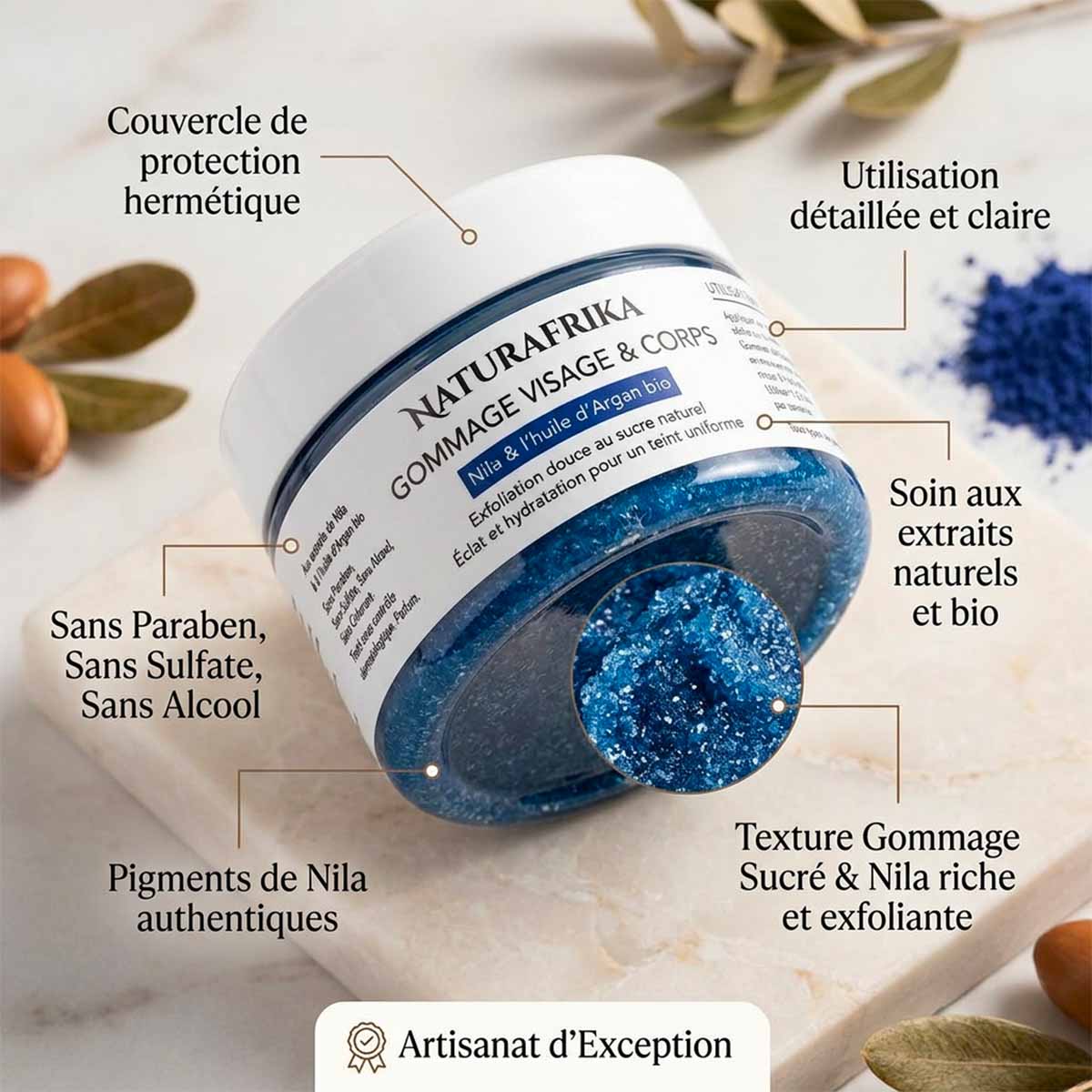 Gommage nila & argan bio Naturafrika - Éclat et teint uniforme pour visage & corps - 100ml info