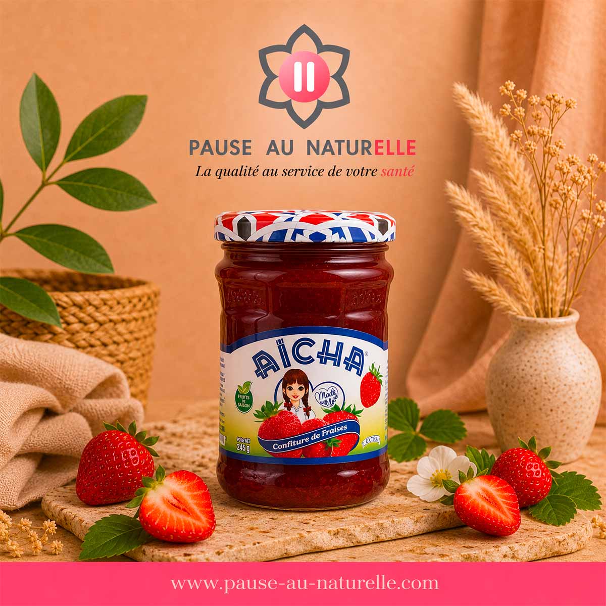 Tarro de mermelada de fresas Aïcha, 245 g, mermelada marroquí