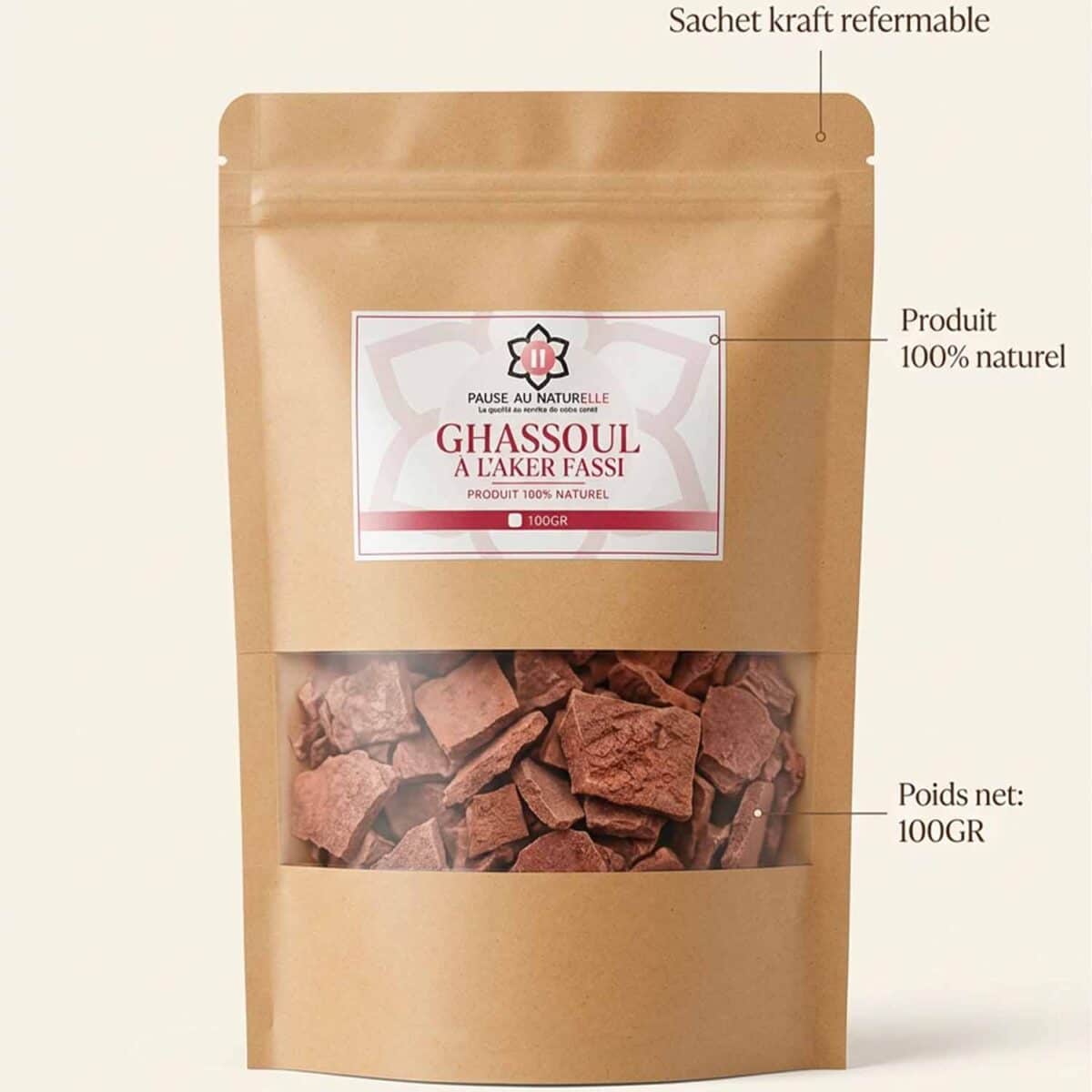 Ghassoul à l'aker fassi - Argile marocaine traditionnelle - 100g sachet kraft
