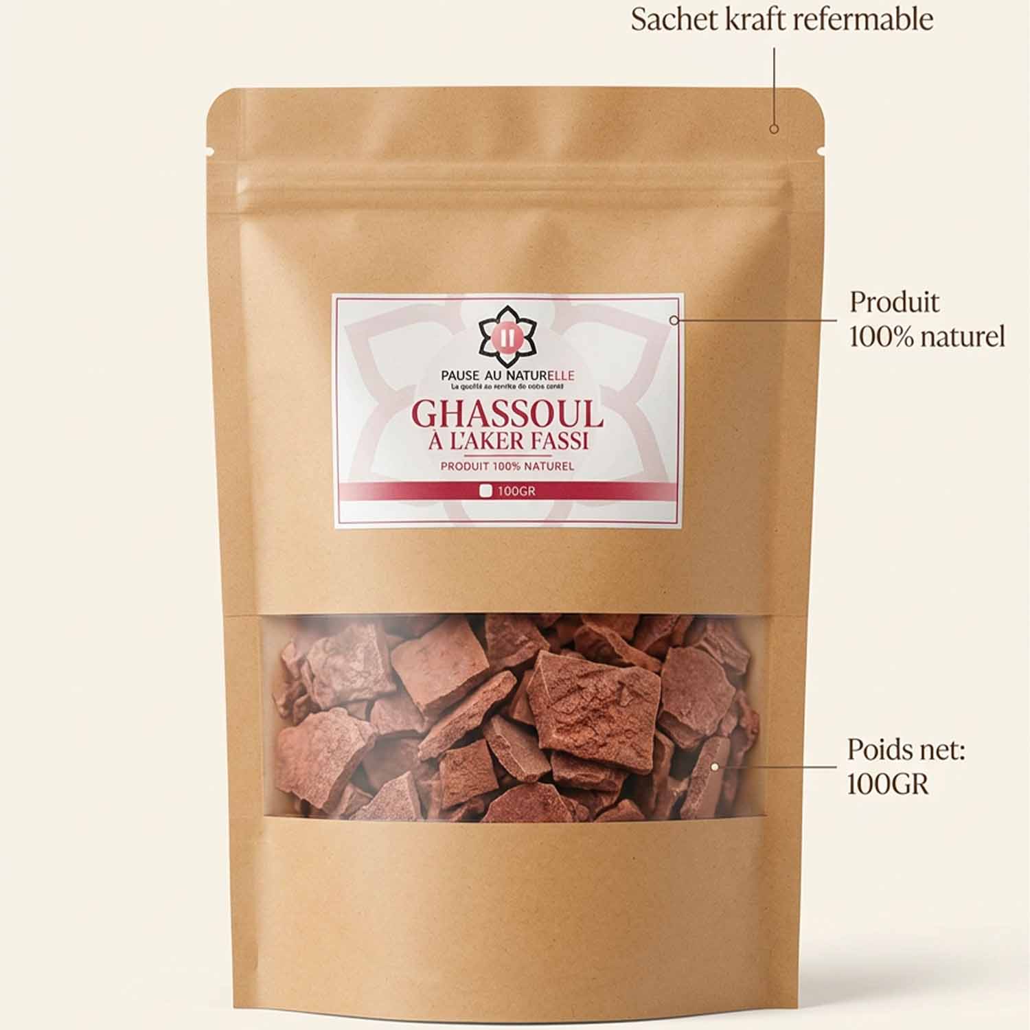 Ghassoul à l'aker fassi - Argile marocaine traditionnelle - 100g sachet kraft