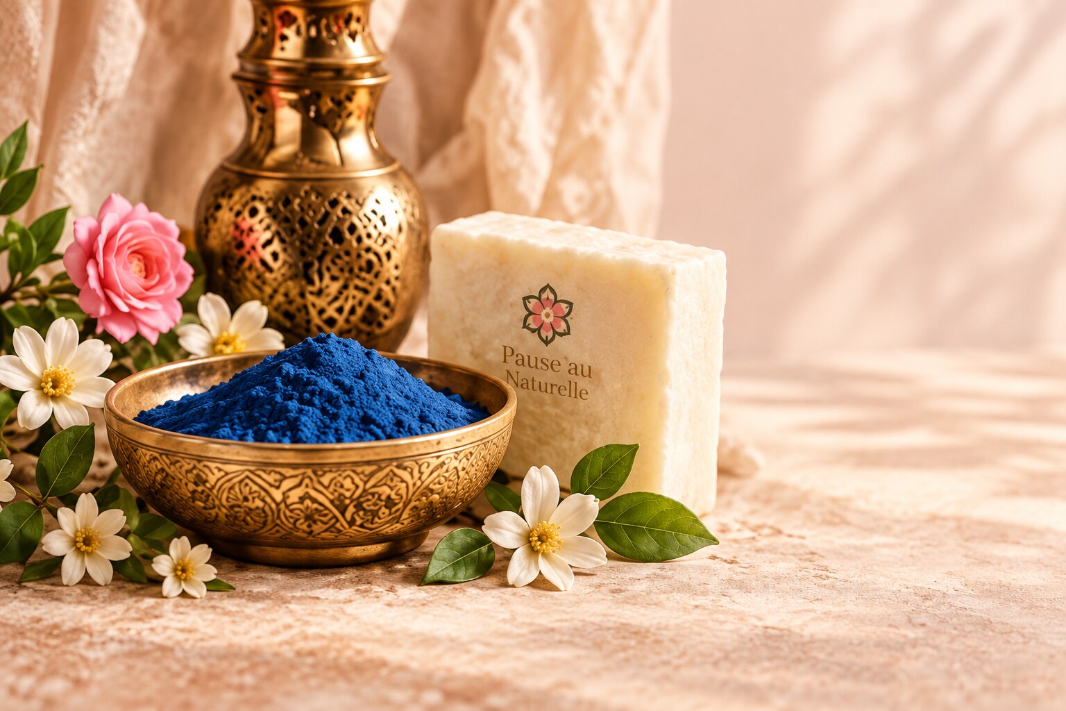 Poudre de nila et savon marqué du logo Pause au Naturelle dans un rituel de beauté marocain
