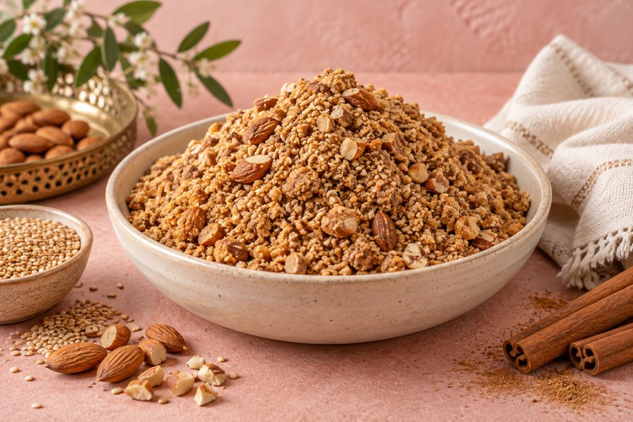 Sellou marocain garni d’amandes et de graines de sésame
