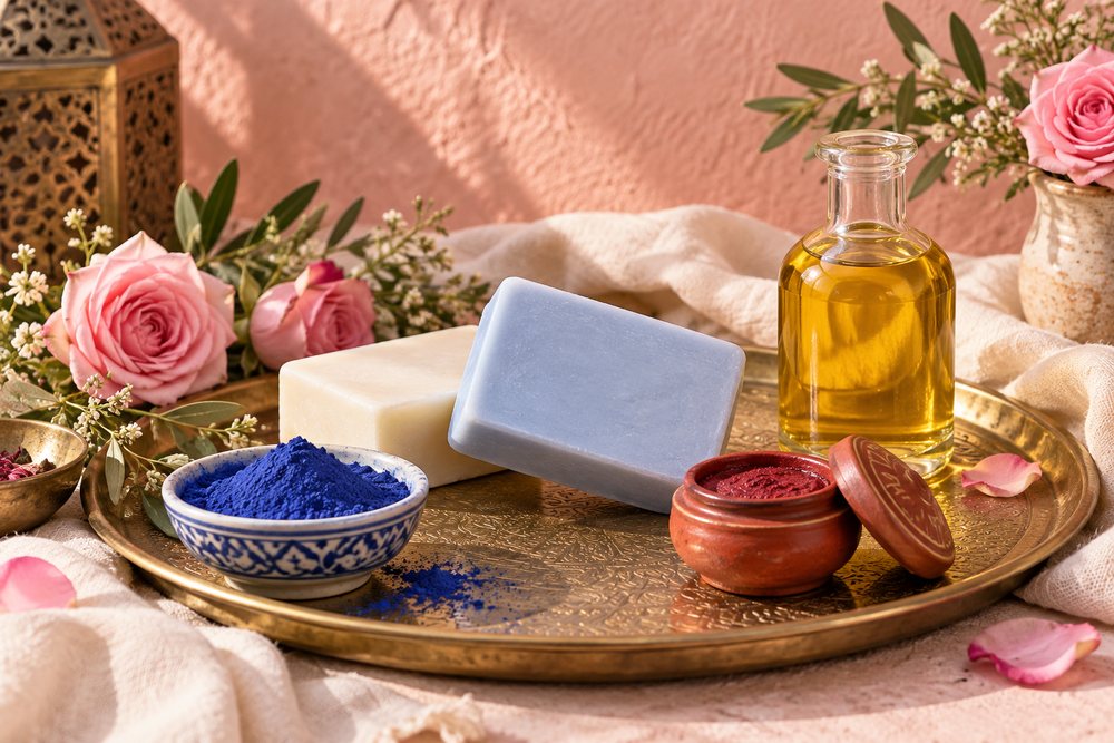 Nila, huile et savon dans une ambiance de rituel marocain