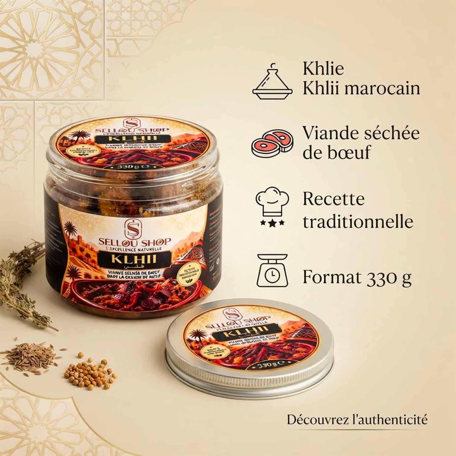 Khlii marocain - Viande séchée de bœuf confite - 330g info