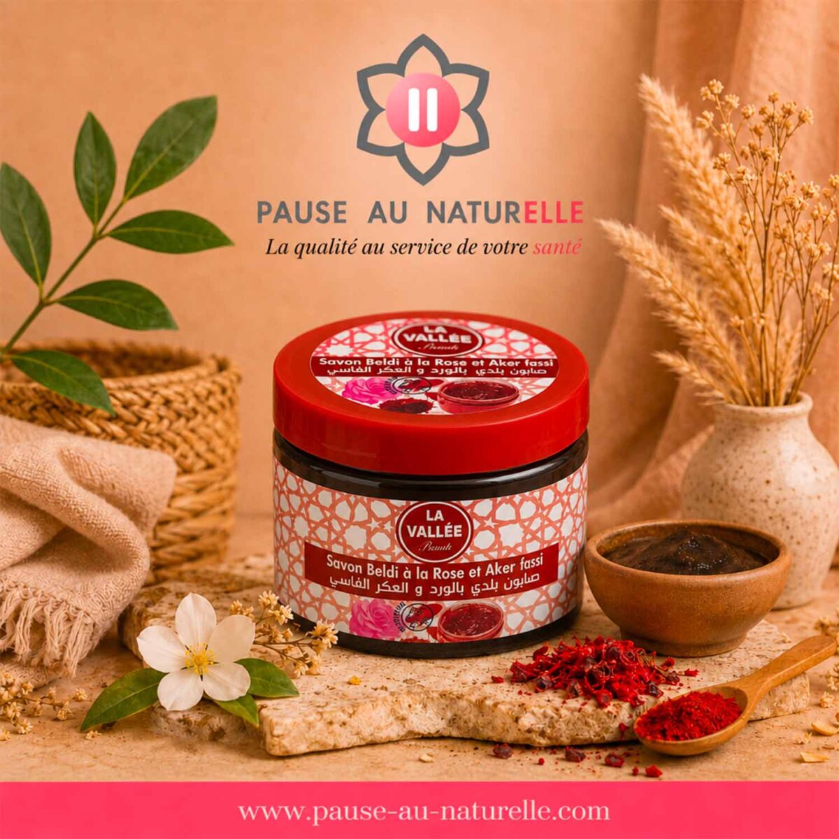 Seife mit Rose und Aker Fassi – Marokkanische Beldi-Seife – 200 g