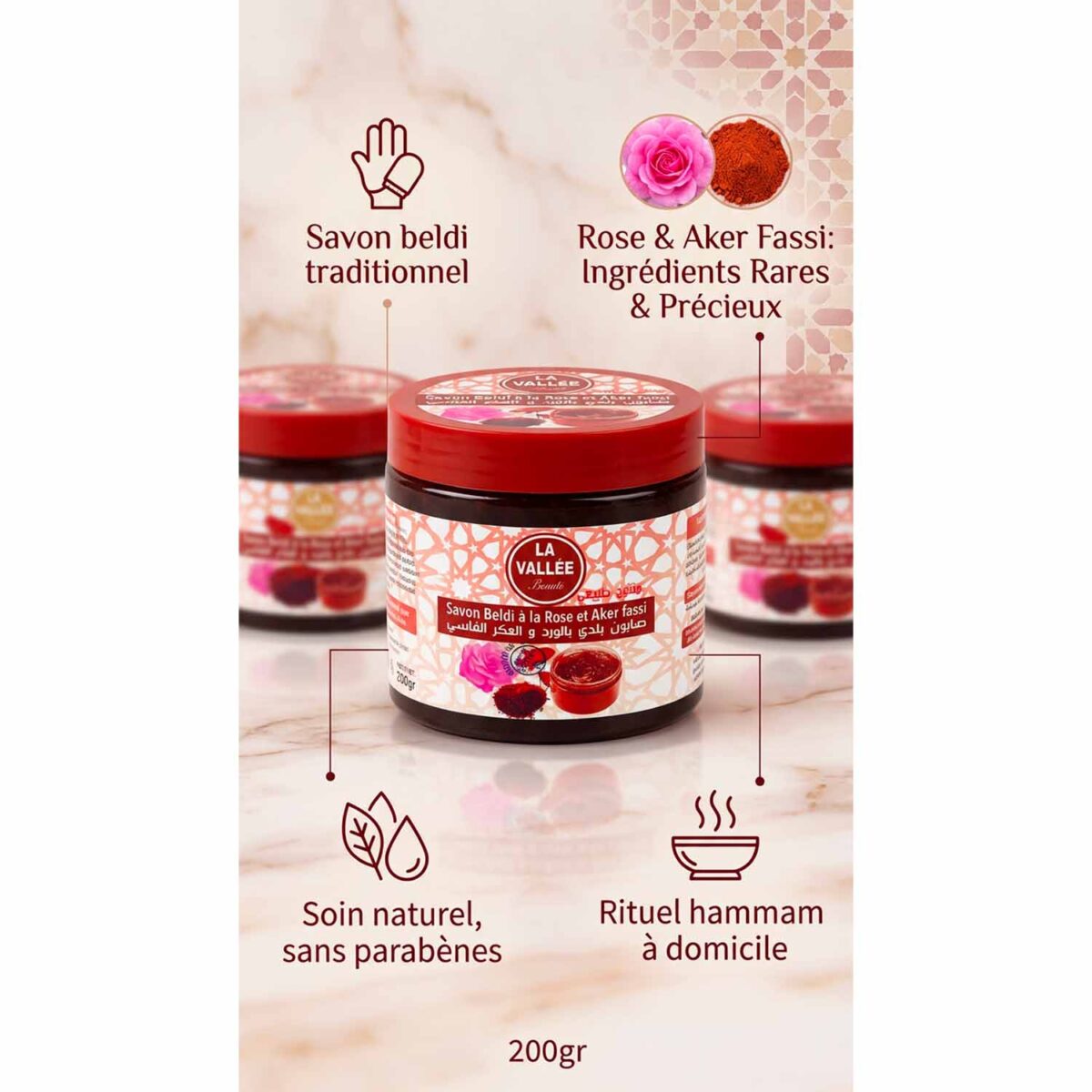 Savon à la rose et aker fassi – Savon beldi marocain – 200g info