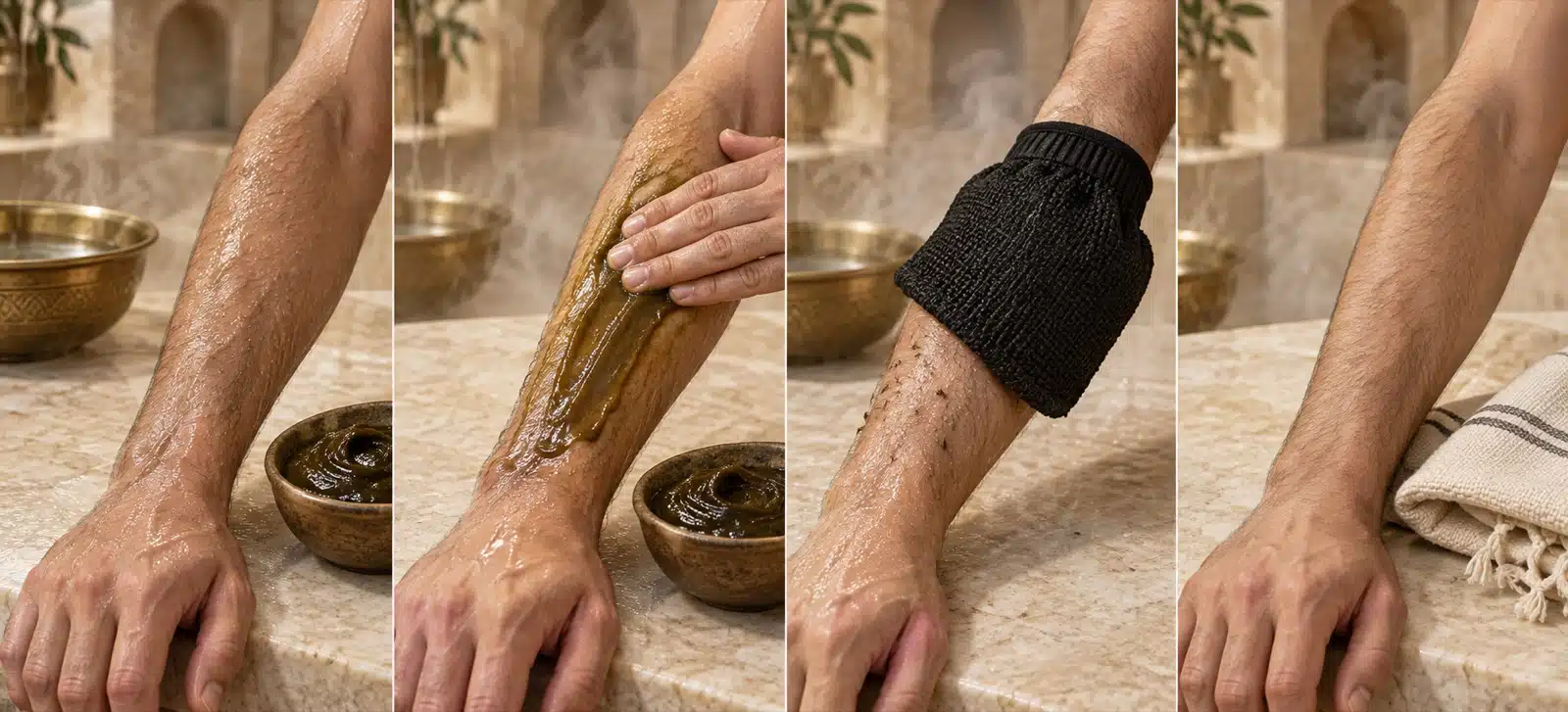 Les quatre étapes du rituel au savon beldi sur un avant-bras masculin : peau humide, application de la pâte, gant kessa et rinçage